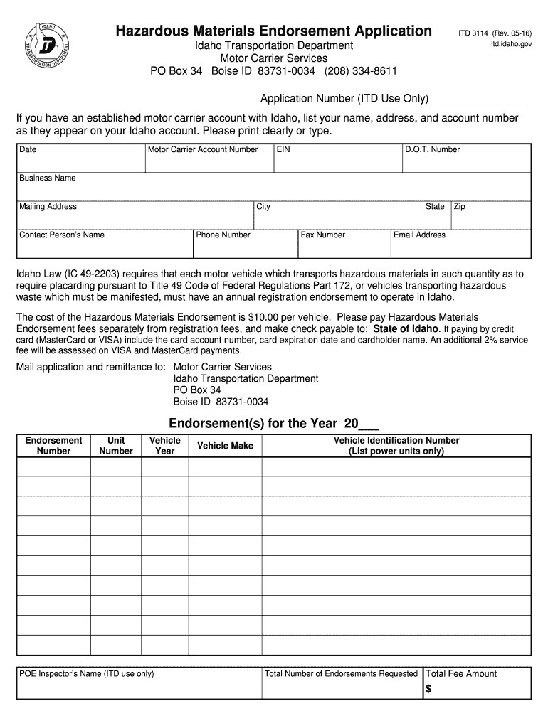 Fillable Online dot idaho Hazardous Materials Endorsement Application