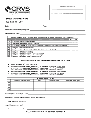 Pet Surgery Patient History Form