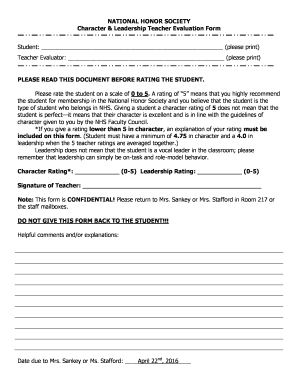 Character evaluation form for teachers