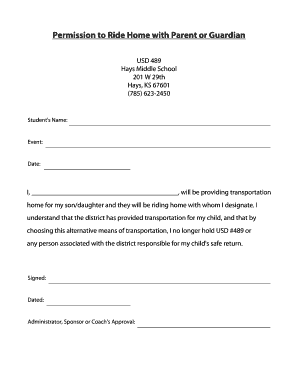 Permission to Ride Home with Parent or Guardian