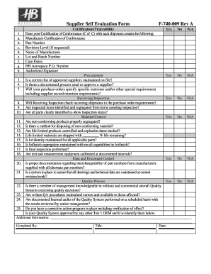 Supplier Self Evaluation Form F-740-009 Rev A