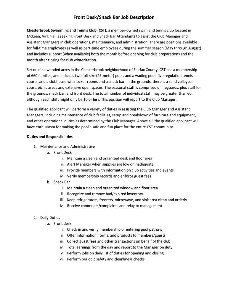 Fillable Online Front Desk/Snack Bar Job Description Fax Email Print