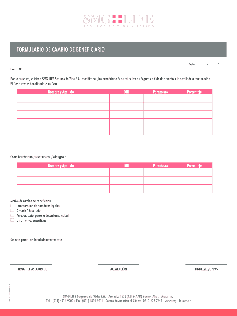 FORMULARIO DE CAMBIO DE BENEFICIARIO - Swiss Medical Vista previa en la página 1