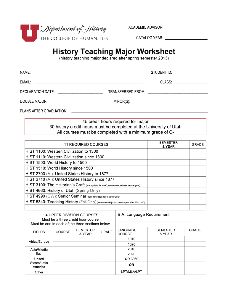 Fillable Online history utah History Teaching Major Worksheet History