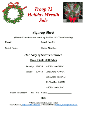 Troop 73 Holiday Wreath Sale Sign-up Sheet