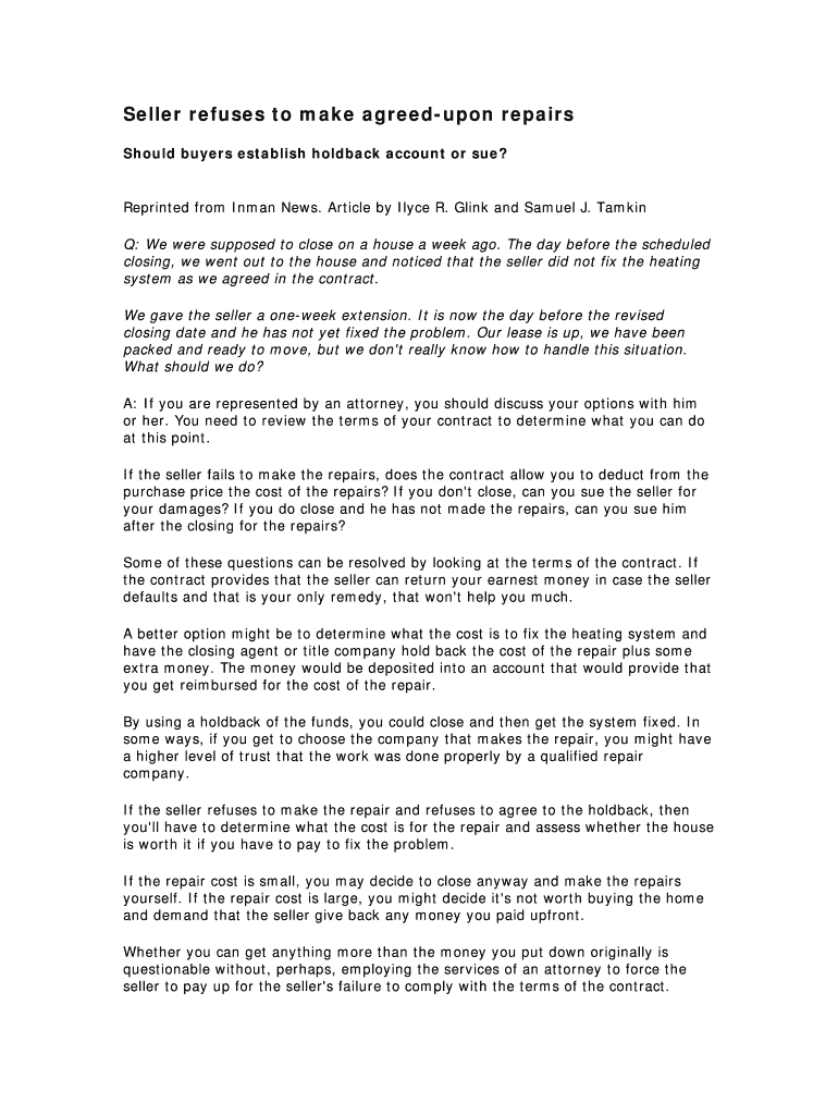 Fillable Online Seller refuses to make agreedupon repairs Fax Email