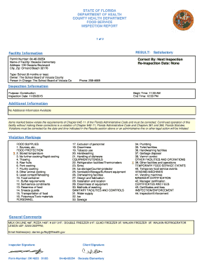 STATE OF FLORIDA DEPARTMENT OF HEALTH COUNTY HEALTH DEPARTMENT FOOD SERVICE INSPECTION REPORT 1 of 2 RESULT: Satisfactory Facility Information Permit Number: 644800254 Name of Facility: Osceola Elementary Address: 100 Osceola Boulevard