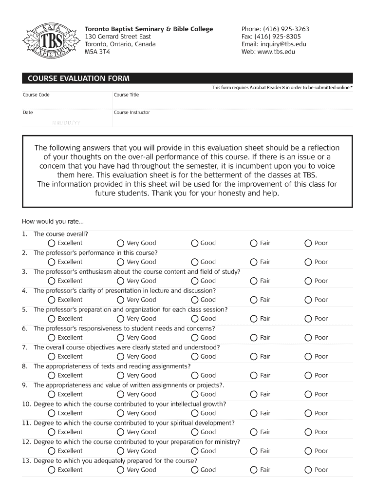 Fillable Online tbs TBS Course Evaluation Form Fax Email Print pdfFiller