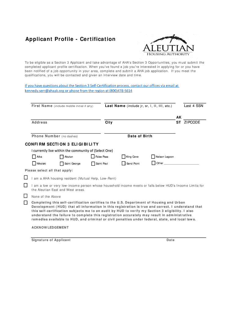 Fillable Online ahaak Applicant Profile bCertificationb Aleutian