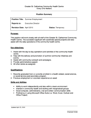 Excel work log template - Summer Employment Job Description April 2010.doc - greaterstcatharineschc