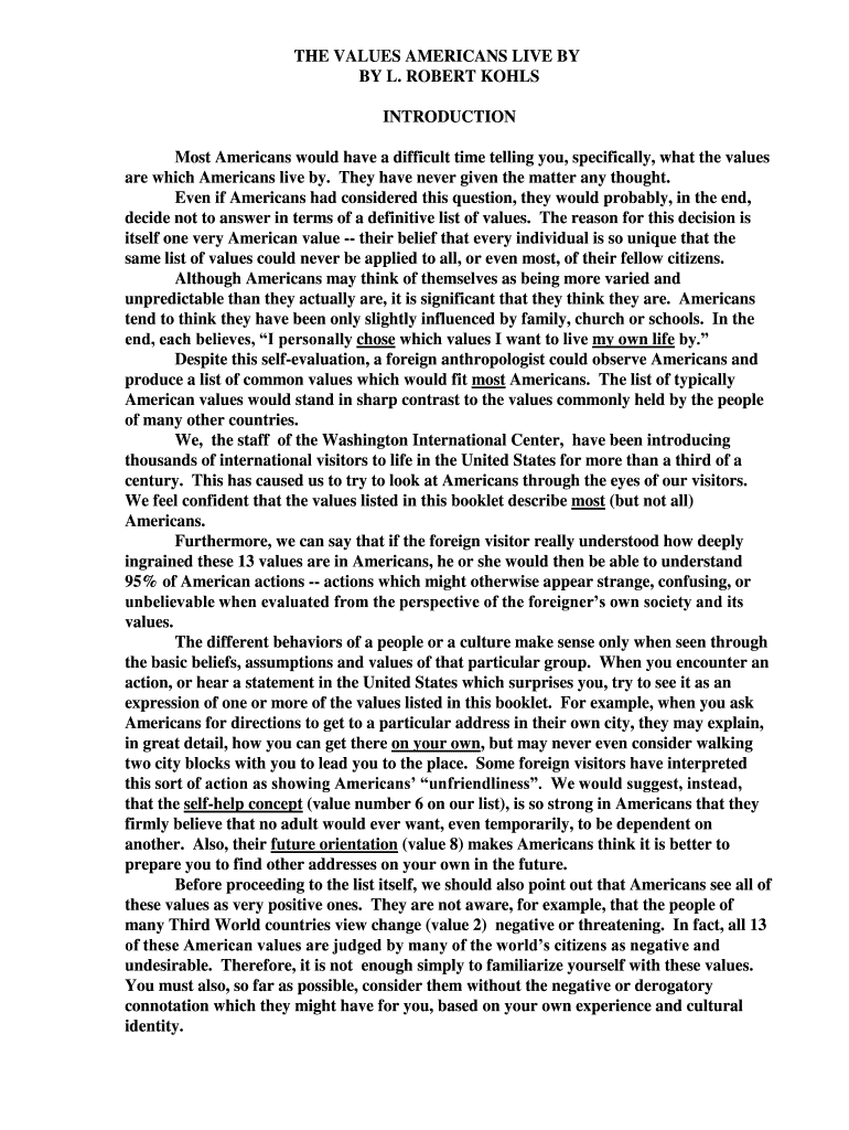 Fillable online the values americans live by fax email print pdffiller