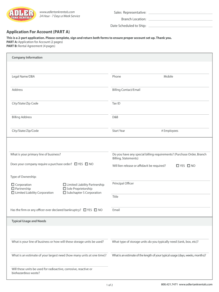 Fillable Online Application For Account PART A Adler Tank Rentals Fax