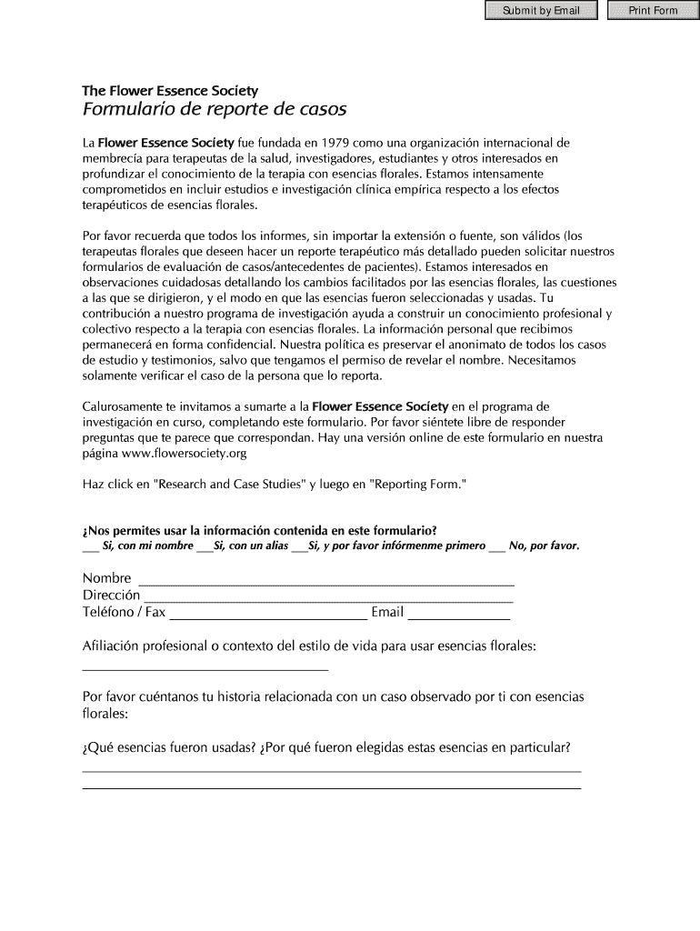 The Flower Essence Society Formulario de reporte de casos Vista previa en la página 1