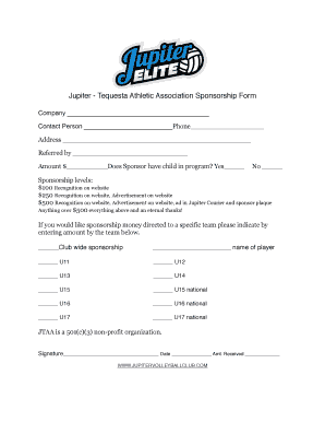 Sponsorship form for sports team - Jupiter - Tequesta Athletic Association Sponsorship Form