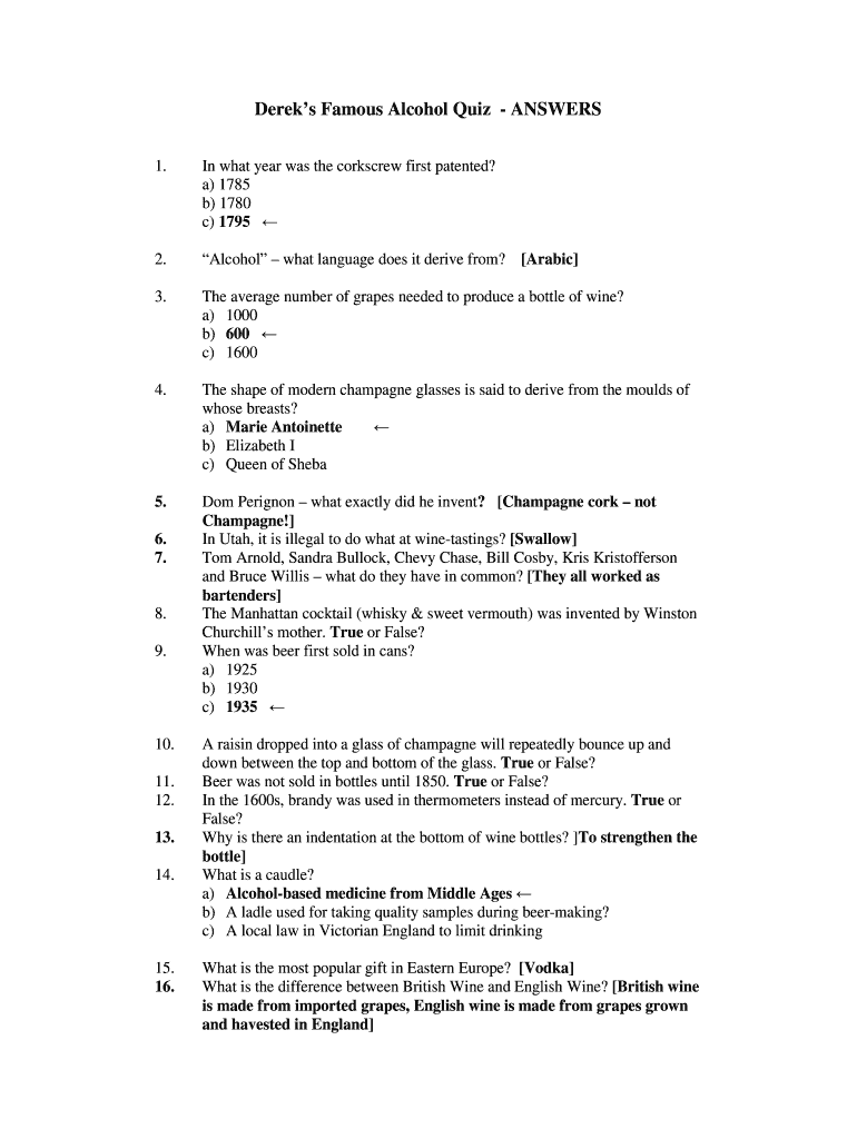 Fillable Online Dereks Famous Alcohol Quiz ANSWERS Fax Email Print