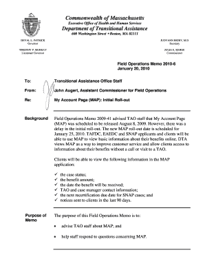 KEHOE Commissioner Field Operations Memo 20106 January 20, 2010 To: Transitional Assistance Office Staff From: John Augeri, Assistant Commissioner for Field Operations Re: My Account Page (MAP): Initial Rollout Background Field Operations