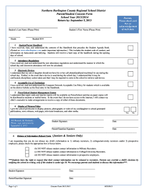 Northern Burlington County Regional School District Parent/Student Consent Form School Year 2013/2014 Parents, Please check each box as acknowledgement of each item