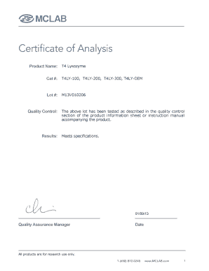 Certificate of Analysis Product Name: T4 Lysozyme Cat #: T4LY100, T4LY200, T4LY300, T4LYOEM Lot #: M13V010206 Quality Control: Results: The above lot has been tested as described in the quality control section of the product information