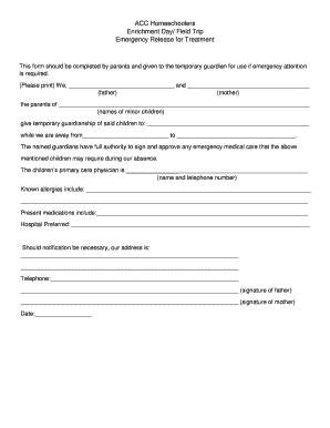 Field Trip Emergency Release for Treatment - ACC Homeschoolers