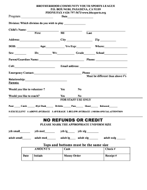 Registration Form - Brotherhood Community Youth Sports League - bhcsports