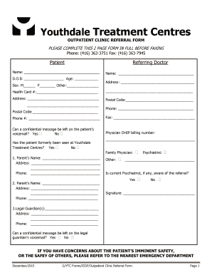 Fillable Online Youthdale Treatment Centres East Metro