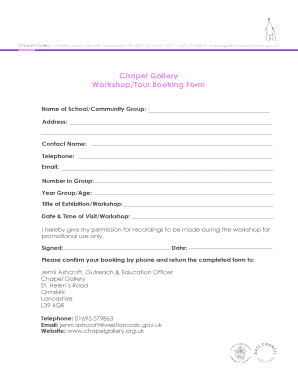 Chapel Gallery WorkshopTour Booking Form - chapelgallery org