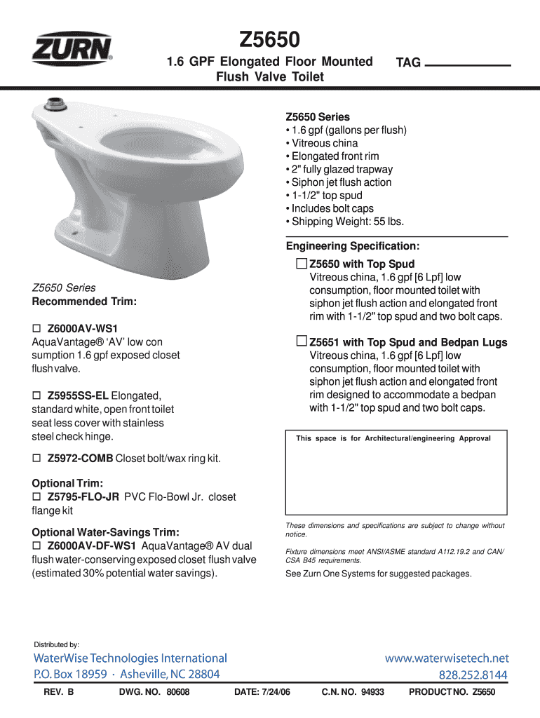 Fillable Online waterwisetech Z5650 16 GPF Elongated Floor Mounted Top