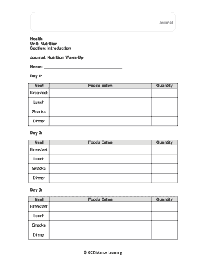 Nutrition Warm-Up Journal