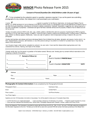 Photo waiver release form - MINOR Photo Release Form 2015 Consent of Parent/Guardian (for child/children under 18 years of age) To be completed by the subject(s) parent or guardian