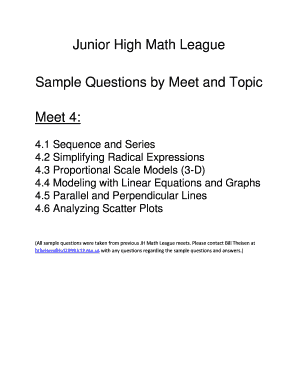 Junior High Math League Sample Questions by Meet and Topic