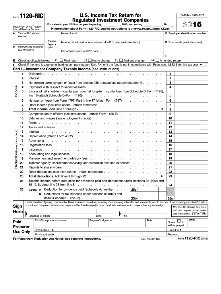 2015 Form 1120-RIC U S Income Tax Return for Regulated Investment Companies Preview on Page 1