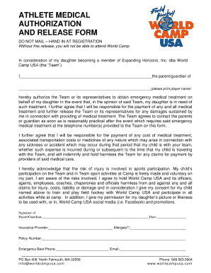 ATHLETE MEDICAL AUTHORIZATION AND RELEASE FORM