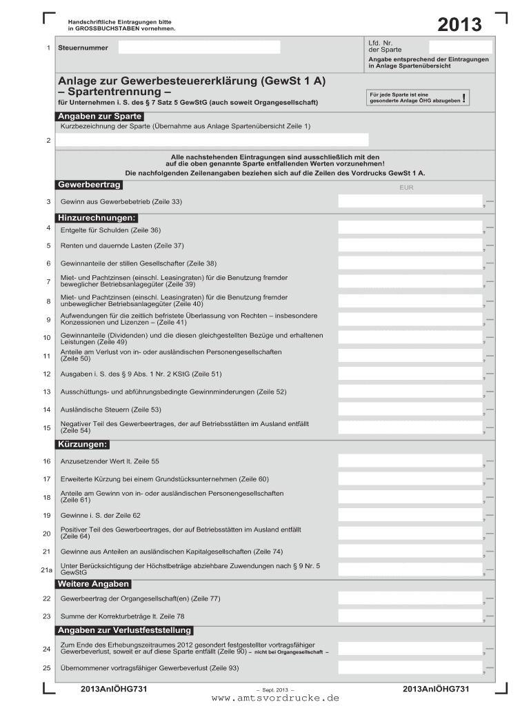 Anlage zur Gewerbesteuererkl rung (GewSt 1 A - Amtsvordrucke Preview on Page 1