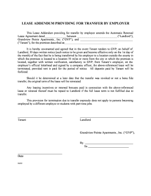 30 day notice letter - LEASE ADDENDUM PROVIDING FOR TRANSFER BY EMPLOYER