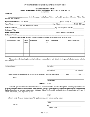 Ohio Birth Registration Application