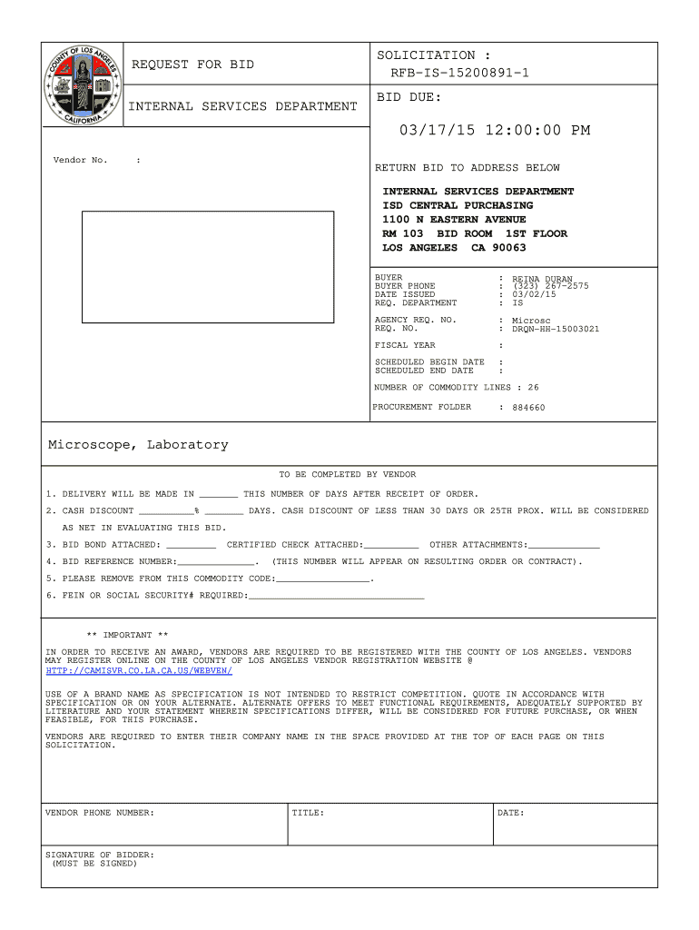 SOLICITATION : RFBIS152008911 REQUEST FOR BID BID DUE: INTERNAL SERVICES DEPARTMENT 03/17/15 12:00:00 PM Vendor No Preview on Page 1