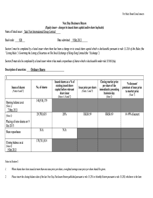 For Main Board listed issuers Next Day Disclosure Return (Equity issuer changes in issued share capital and/or share buybacks) Name of listed issuer: Tack Fiori International Group Limited Stock code: 928 Date submitted: 9 Oct 2013 Section