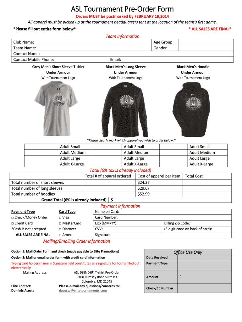 Fillable Online ASL Tournament Pre-Order Form Fax Email Print - pdfFiller