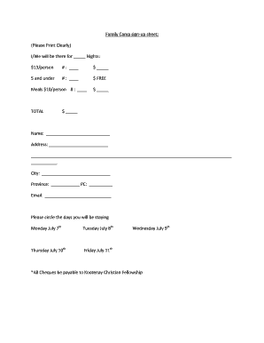 Family Camp sign-up sheet - Kootenay Christian Fellowship