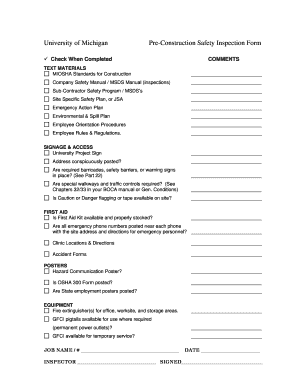 Site specific safety plan template word doc - Pre-Construction Safety Inspection bFormb - OSEH - University of bb - oseh umich