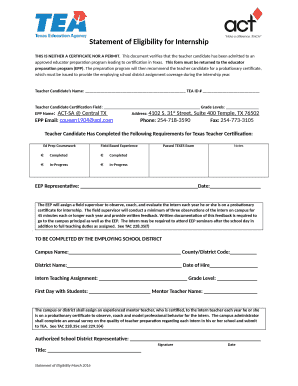 Statement of eligibility for internship