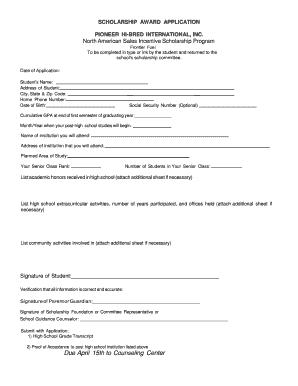 SCHOLARSHIP AWARD APPLICATION PIONEER HI-BRED