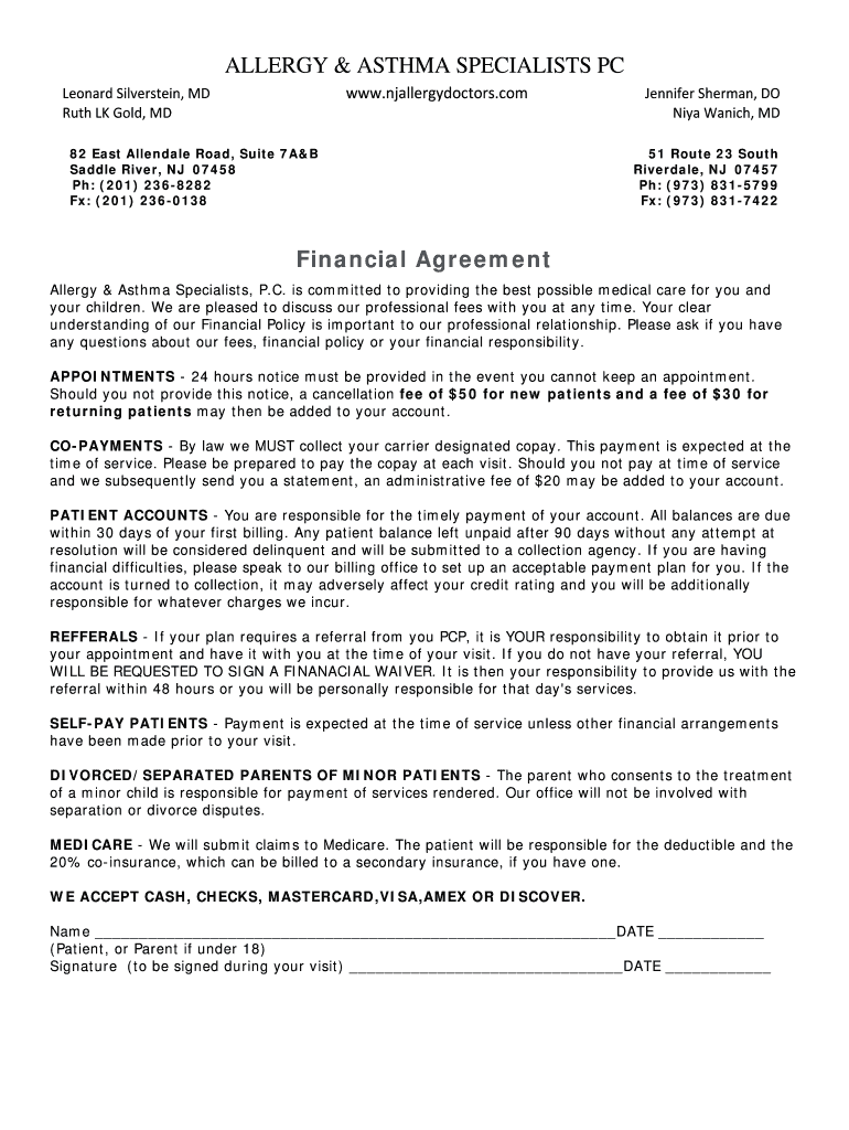 Fillable Online ALLERGY & ASTHMA SPECIALISTS PC Financial Agreement Fax