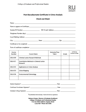 Post-Baccalaureate bCertificateb in Crime Analysis Check-out bSheetb - radford