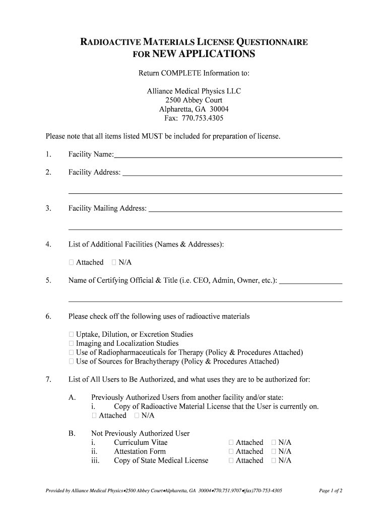 Fillable Online RADIOACTIVE MATERIALS LICENSE QUESTIONNAIRE Fax Email