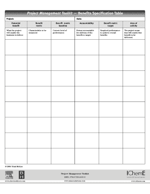 Project Management Toolkit Benefits Specification Table