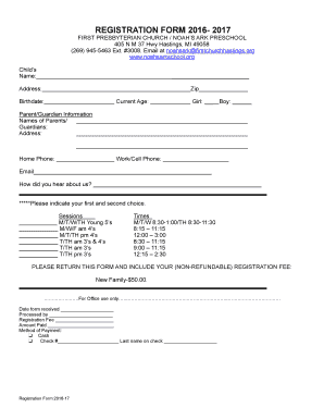 REGISTRATION FORM 2016 2017 FIRST PRESBYTERIAN CHURCH / NOAHS ARK PRESCHOOL 405 N M 37 Hwy Hastings, MI 49058 (269) 9455463 Ext - noahsarkschool