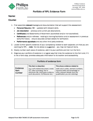 Fillable Online phillips edu Portfolio of RPL Evidence Form Name Course ...