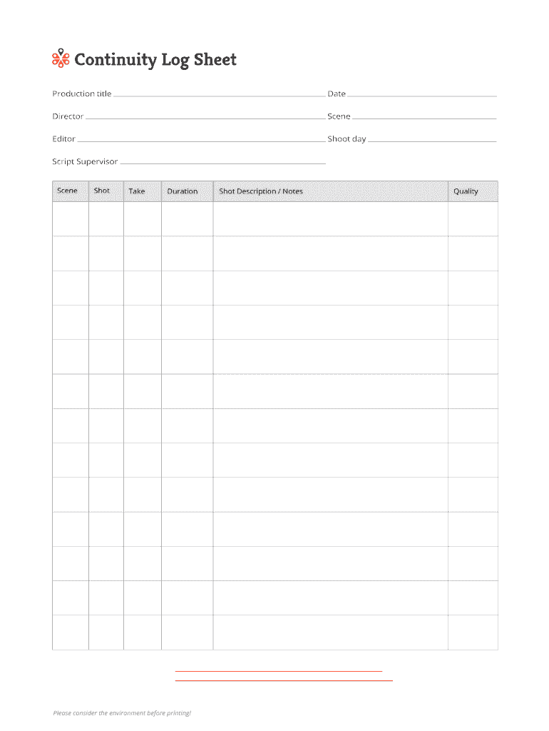 Fillable Online Filmsourcing Continuity Log Sheet. Free production