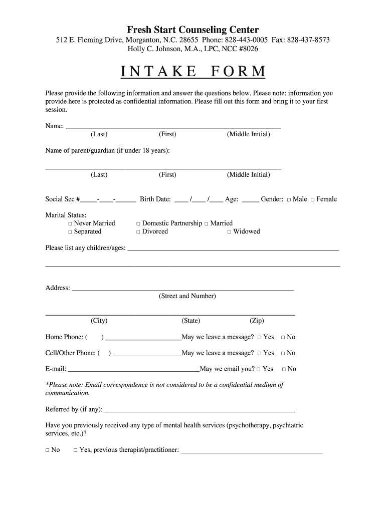 Client Psychotherapy Intake Form - Fresh Start Counseling Center Preview on Page 1